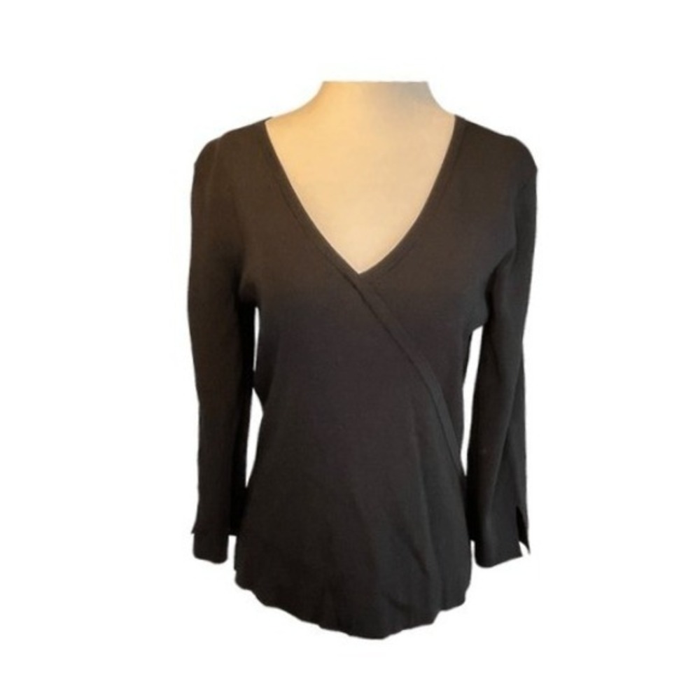 Pointelle Brand Faux Wrap Sweater Black Ribbed Knit 3/4 Sleeves V-Neck M